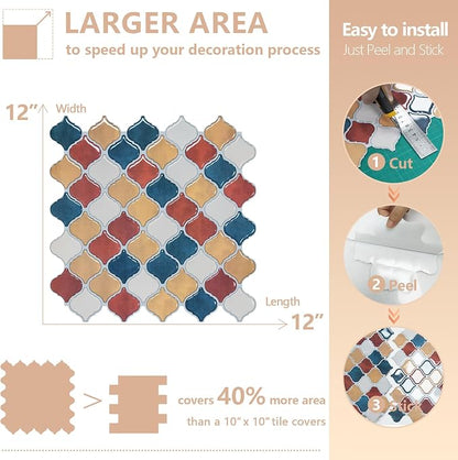 STICKGOO Arabesque Peel and Stick Backsplash, 12”X12” Backsplash Tile for Kitchen Peel and Stick, Self Adhesive Wall Tile Stick on Tiles (Moroccan Multi-Color)