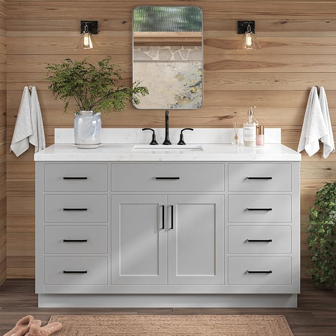 ARIEL Hepburn 60-inch Bathroom Vanity with Sink,Solid Wood, 1.5-inch Carrara White Quartz Countertop & Backsplash, Single Rectangular Porcelain Sink, 2 Soft Closing Doors, 9 Dovetail Drawers, Grey
