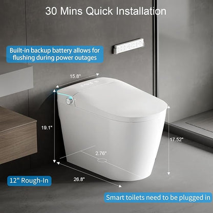 Smart Bidet Toilet, Booster Pump Powerful Flush, 1000g MaP, Auto Open Close | UV Light, Deodorization, Auto Soft Open/Close, Dual Flush, Heated Seat, Instant Warm Water, ADA Height for Bathrooms