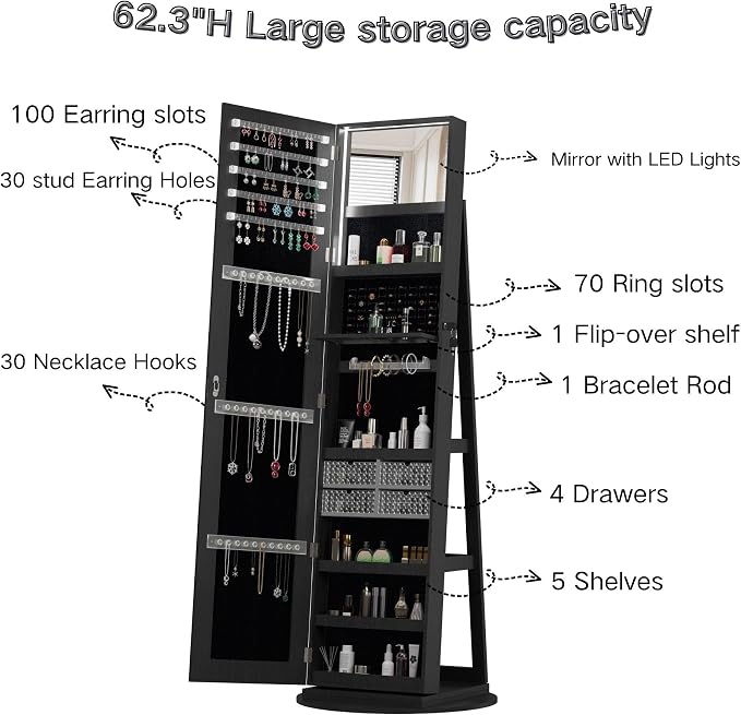 Lockable Mirror Jewelry Cabinet Standing, Full Length Mirror with Storage, 360° Swivel Jewelry Organizer Armoire, Black