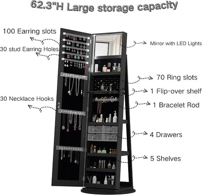 Lockable Mirror Jewelry Cabinet Standing, Full Length Mirror with Storage, 360° Swivel Jewelry Organizer Armoire, Black