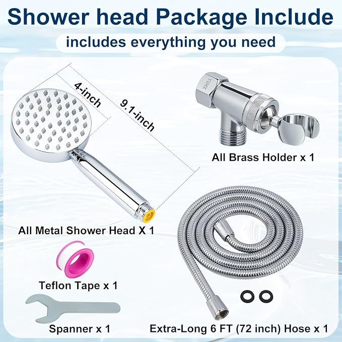 All Metal Shower Head with Handheld; Flexible Long Hose High Pressure Spray | 1 Setting Stainless Steel Shower-Head, Solid Hand Held Showerhead Sprayer Holder with Wide-Angle Adjustment, Premium Chrome