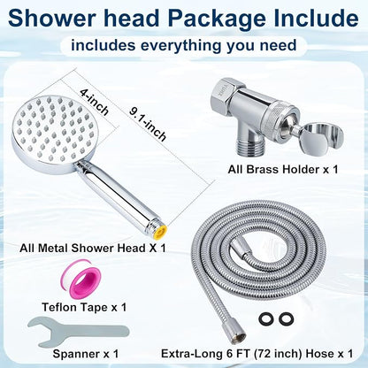 All Metal Shower Head with Handheld; Flexible Long Hose High Pressure Spray | 1 Setting Stainless Steel Shower-Head, Solid Hand Held Showerhead Sprayer Holder with Wide-Angle Adjustment, Premium Chrome