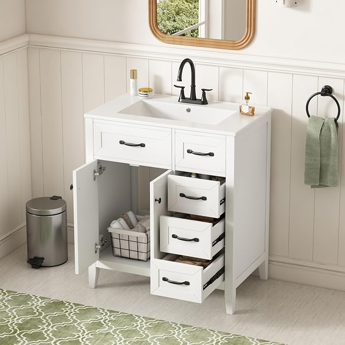 Merax 30 Inch Bathroom Vanities with Undermount Ceramic Sink, Storage Cabinet with Soft Closing Doors and Three Drawers, Solid Wood Frame, White