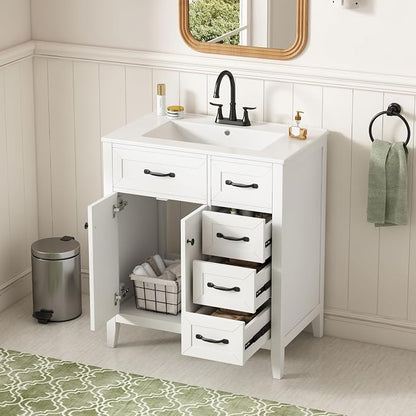 Merax 30 Inch Bathroom Vanities with Undermount Ceramic Sink, Storage Cabinet with Soft Closing Doors and Three Drawers, Solid Wood Frame, White