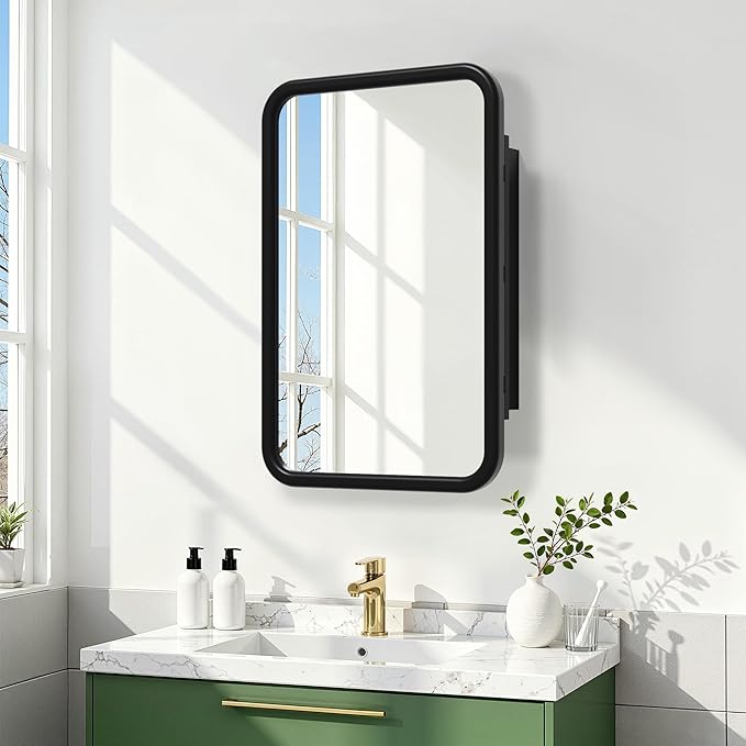 Casaphoria 30" H x 20" W Bathroom Medicine Cabinet with Mirror, Metal Frame Wall Medicine Cabinets Mirrors, Wall Mirror Cabinet, Black