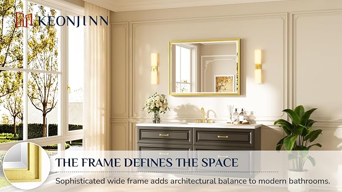 Keonjinn 40" x 30" Gold Bathroom Mirror for Over Sink, Aluminum Alloy Frame | Safe Tempered Glass, Effortless French Cleat Installation, Shatterproof, Transitional Rectangular Gold Bathroom Vanity Mirror