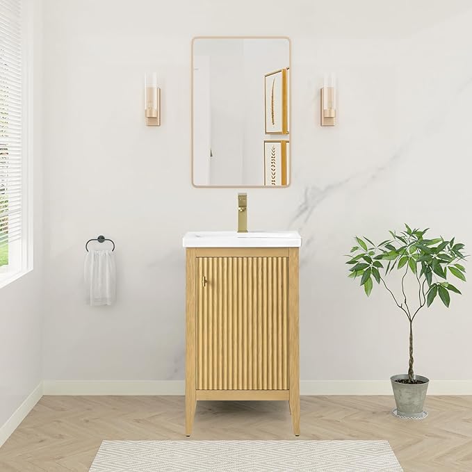 HOMEBEYOND 20" Bathroom Vanity with Ceramic Sink, Solid Wood Free-Standing Vanities Cabinet, Ceramic Top, Golden Brushed Hardware & Soft Closing Door, Natural Oak