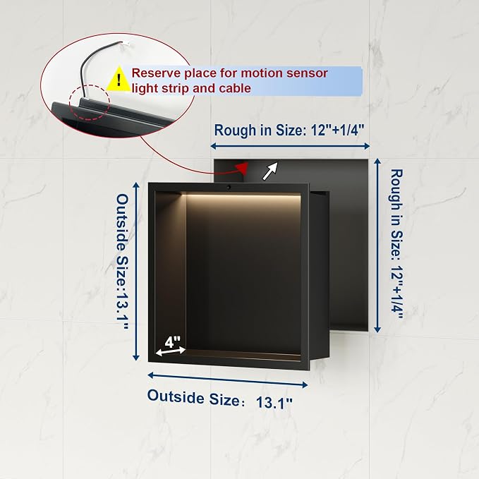 Smart Body Sensor Shower Niche, Black 12"x12" | Recessed Wall Niche with White 3000K LED Light , Waterproof &Rustproof, 304 Stainless Steel Bathroom Cabinet