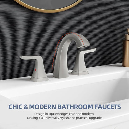 VXV Brushed Nickel Bathroom Faucet Widespread 8 Inch, 3 Hole Vanity Sink Faucet with Pop-Up Drain & Pre-Attached Supply Lines for Easy DIY Installation, Faucet for Bathroom Sink, RV