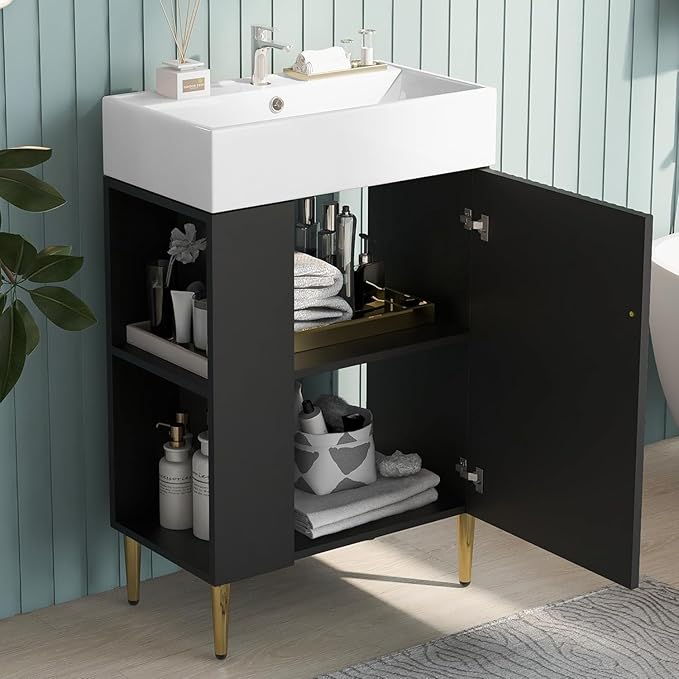 21.6 in Small Bathroom Vanity with Sink,Doors and Storage Shelves,Wood Modern Single Fluted Bathroom Sink Cabinet Freestanding (Black,Left Shelf)