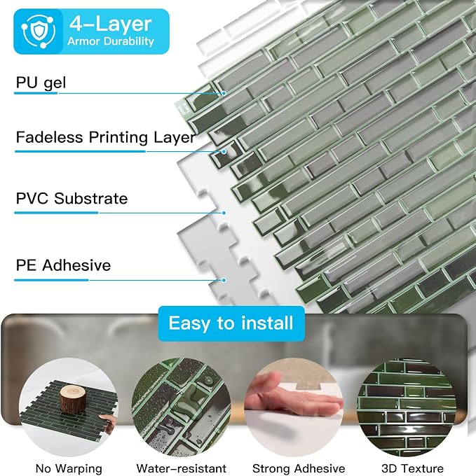 Art3d Linear Design Tile Peel and Stick Backsplash, 10-Sheet, Dark Green | 12 x 12 Inch, Enhanced Thickness, Warp Resistant, Strong Adhesion, Sturdy, for Kitchen, Bedroom, Ideal for Home Improvement
