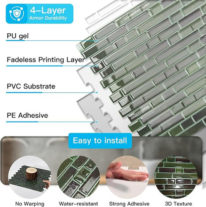 Art3d Linear Design Tile Peel and Stick Backsplash, 10-Sheet, Dark Green | 12 x 12 Inch, Enhanced Thickness, Warp Resistant, Strong Adhesion, Sturdy, for Kitchen, Bedroom, Ideal for Home Improvement