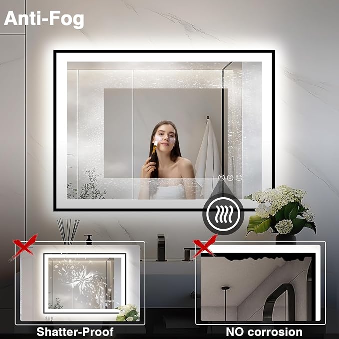 EchosLife 44x36 LED Light Mirror for Bathroom - Black Framed Mirror | Black Frame, Front and Backlit, Anti-Fog, Stepless Dimmable, 3 Colors, Memory, Tempered Glass, UL Listed, Horizontal/Vertical