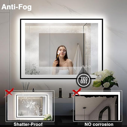 EchosLife 44x36 LED Light Mirror for Bathroom - Black Framed Mirror | Black Frame, Front and Backlit, Anti-Fog, Stepless Dimmable, 3 Colors, Memory, Tempered Glass, UL Listed, Horizontal/Vertical