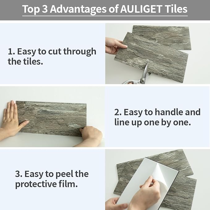 AULIGET 20-Piece Apache Brown Rock Peel and Stick Backsplash Wall Tiles, 6" x 12" PVC Faux Stone Stick on Tiles Backsplash Kitchen