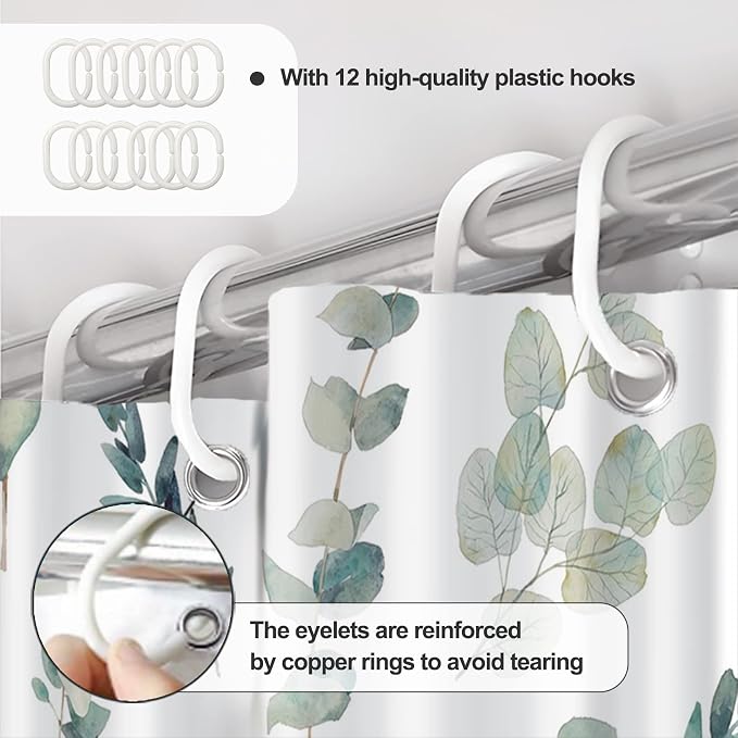 AWERT Shower Curtain Green Plants for Bathroom Waterproof Quick-Drying Eucalyptus Leaves Shower Curtain Set with Hooks 72x72 Inch
