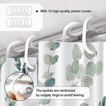AWERT Shower Curtain Green Plants for Bathroom Waterproof Quick-Drying Eucalyptus Leaves Shower Curtain Set with Hooks 72x72 Inch