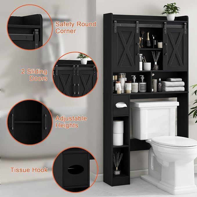 Vabches Over The Toilet Storage Cabinet with Sliding Doors, Black | Farmhouse Storage Cabinet Over Toilet, Home Space-Saving Toilet Rack, Toilet Paper Holder Stand,for Restroom,Bathroom,Laundry