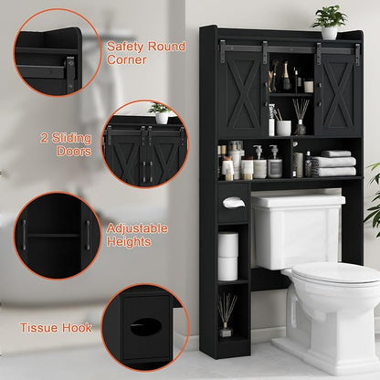 Vabches Over The Toilet Storage Cabinet with Sliding Doors, Black | Farmhouse Storage Cabinet Over Toilet, Home Space-Saving Toilet Rack, Toilet Paper Holder Stand,for Restroom,Bathroom,Laundry