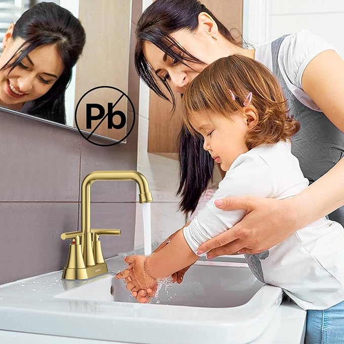 Bathroom Sink Faucet, Hurran 4 inch Brushed Gold Bathroom Faucets for Sink 3 Hole with Pop-up Drain and Supply Hoses, 360 Swivel Spout 2-Handle Centerset Faucet for Vanity RV Farmhouse