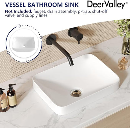 DeerValley Horizon 15.94x12.01 Inch Semi-Recessed Bathroom Vessel Sink, White Ceramic Rectangular Vanity Sink, Model DV-1V0346
