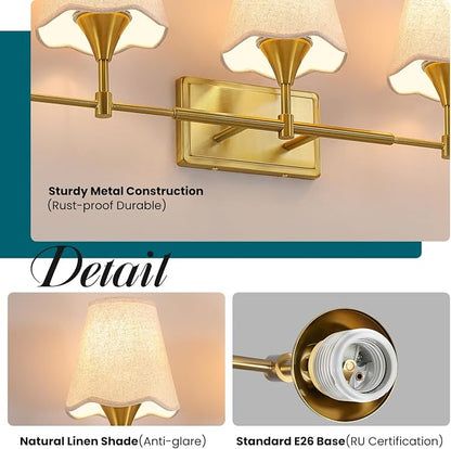 Gold Bathroom Vanity Light Fixtures: Brushed Gold Vanity Lights Over Mirror with Flared Fabric Shade, Modern Bathroom Lighting Fixtures, 5 Light Wall Sconces Lights for Bedroom Hallway Living Room