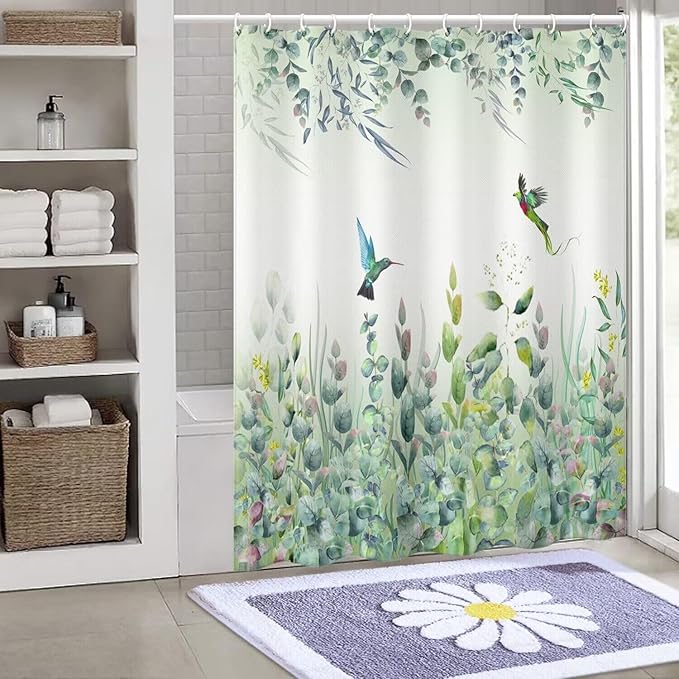 Green Leaf Shower Curtain - 72" W x 78" L with 12 Hooks, Weighted Hem, Waterproof, Sage Green