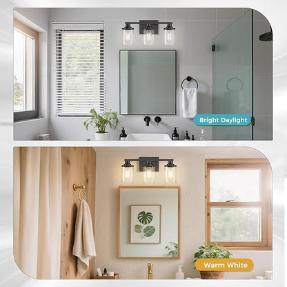 DORESshop 17 Inch Bathroom Light Fixtures, 3-Light Black Bathroom Lighting Fixtures Over Mirror with Clear Glass Shade, Vanity Lights for Bathroom Living Room Bedroom, ETL Listed