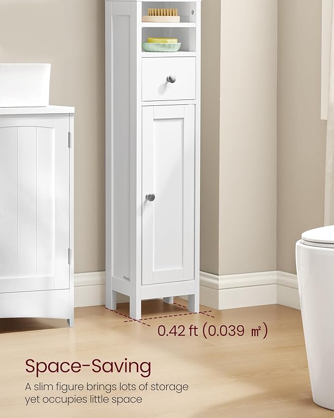 VASAGLE Tall Storage Cabinet, Slim Freestanding Floor Cabinet with Adjustable Shelves, Drawer, Open Compartments, for Small Spaces, Bathroom, Living Room, Modern, Cloud White UBBC765W01