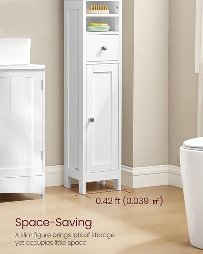 VASAGLE Tall Storage Cabinet, Slim Freestanding Floor Cabinet with Adjustable Shelves, Drawer, Open Compartments, for Small Spaces, Bathroom, Living Room, Modern, Cloud White UBBC765W01