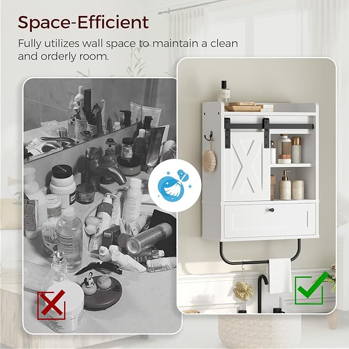 Bathroom Wall Cabinet, Farmhouse Medicine Cabinets with Sliding Door, Wall Mounted Storage Cabinet with Adjustable Shelf and Towel Bar, for Bathroom, Living Room, Kitchen, White