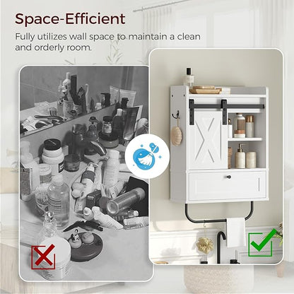 Bathroom Wall Cabinet, Farmhouse Medicine Cabinets with Sliding Door, Wall Mounted Storage Cabinet with Adjustable Shelf and Towel Bar, for Bathroom, Living Room, Kitchen, White