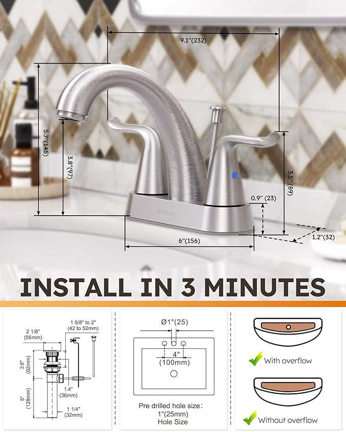 WOWOW Bathroom Faucet 2 Handle 4 Inch Centerset Bathroom Sink Faucet, Lead-Free Basin Mixer Tap with Lift Rod Drain Stopper, 2 Handle Centerset Lavatory Brushed Nickel Vanity Faucet