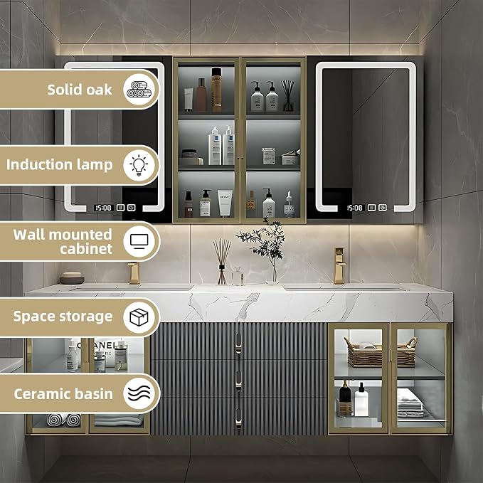 Double Bathroom Vanities with Sink, Floating Bathroom Vanity with LED Smart Defogging Mirror and Storage Cabinet, Modern Bathroom Sink Cabinet with One-Piece Sink and Countertop (Grey, 72")