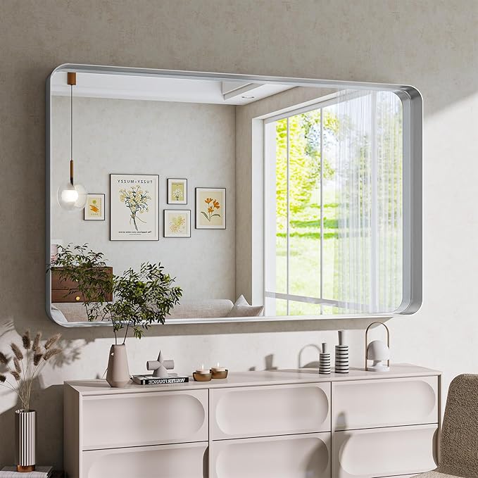 Bathroom Mirrors for Over Sink 30 x 48 Inch Rounded Rectangle Bathroom Vanity Mirror Bathroom Mirror for Wall Hangs Horizontally or Vertically for Living Room Bedroom Entryway Silver