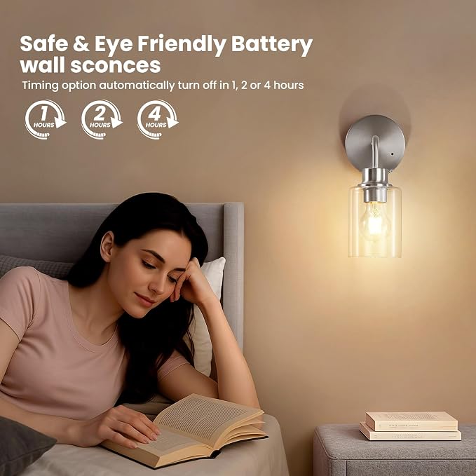 Epinl Battery Operated Wall Sconce Set of Two - Brushed Nickel Rechargeable Wireless Wall Sconces with Remote Control, Cordless Wall Lights 3000K Wall Lamp for Bedroom Bathroom Living Room
