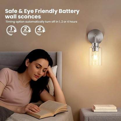 Epinl Battery Operated Wall Sconce Set of Two - Brushed Nickel Rechargeable Wireless Wall Sconces with Remote Control, Cordless Wall Lights 3000K Wall Lamp for Bedroom Bathroom Living Room
