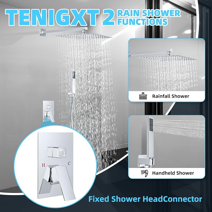 Bathroom Shower Faucet Set，12 Inch Rain Shower Head with Handheld Spray，Brass Shower Valve Trim Kit，Wall Mounted Square Rain Shower System (Chrome)