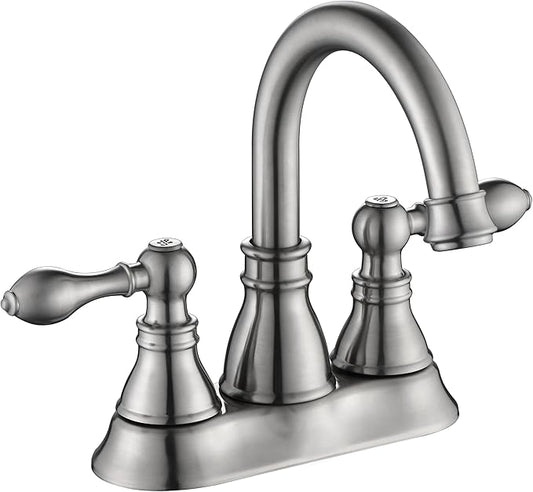 Two Handles Brushed Nickel Bathroom Faucet 3 Hole Sink Faucet with Overflow Pop up Drain, 360° Swivel Spout 4 Inch Centerset Lavatory Faucet Without Water Supply Lines,F-4501-BN