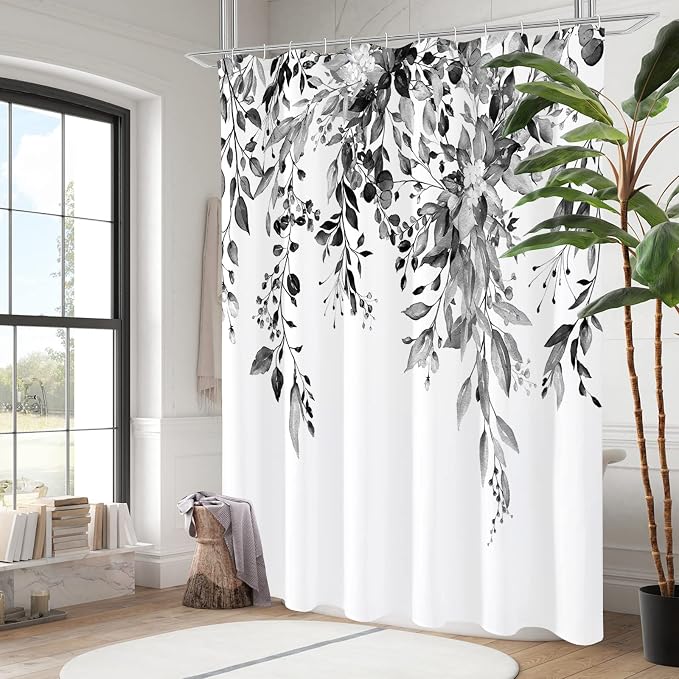 Grey Eucalyptus Shower Curtain, Watercolor Floral Print, 60x72 | Watercolor Plant Leaves Floral Print, Stall Waterproof Fabric Bathroom Decor, Machine Washable, Rustproof Grommets