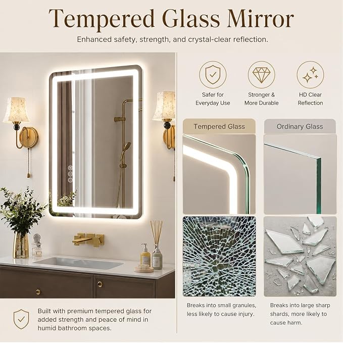 36x28 LED Lighted Bathroom Mirror for Vanity | Front Lights and Backlit, Rounded-Corner Rectangle, 3 Colors, Dimmable, Anti-Fog, Memory, Tempered Glass, UL