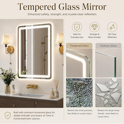 36x28 LED Lighted Bathroom Mirror for Vanity | Front Lights and Backlit, Rounded-Corner Rectangle, 3 Colors, Dimmable, Anti-Fog, Memory, Tempered Glass, UL