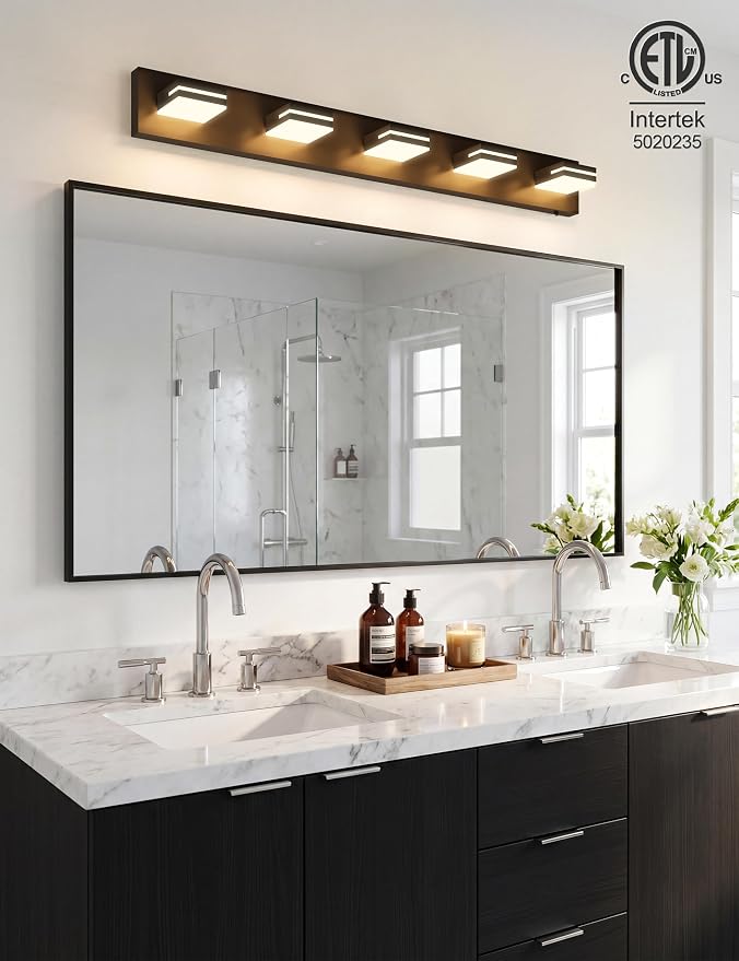 VOLISUN Modern 5-Light, 40-Inch Black Bathroom Vanity Light Fixtures Over Mirror, 5CCT Dimmable, Energy Efficient, ETL Certificated
