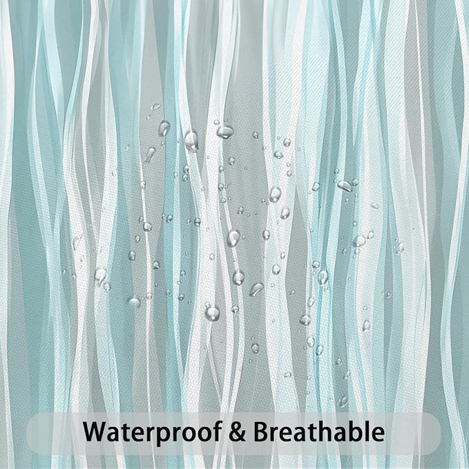 Moonslim Teal Grey Ombre Shower Curtain, Modern Wavy Abstract Striped Line Bathroom Curtain, Waterproof Fabric Bath Decor, 72 x 72 Inch