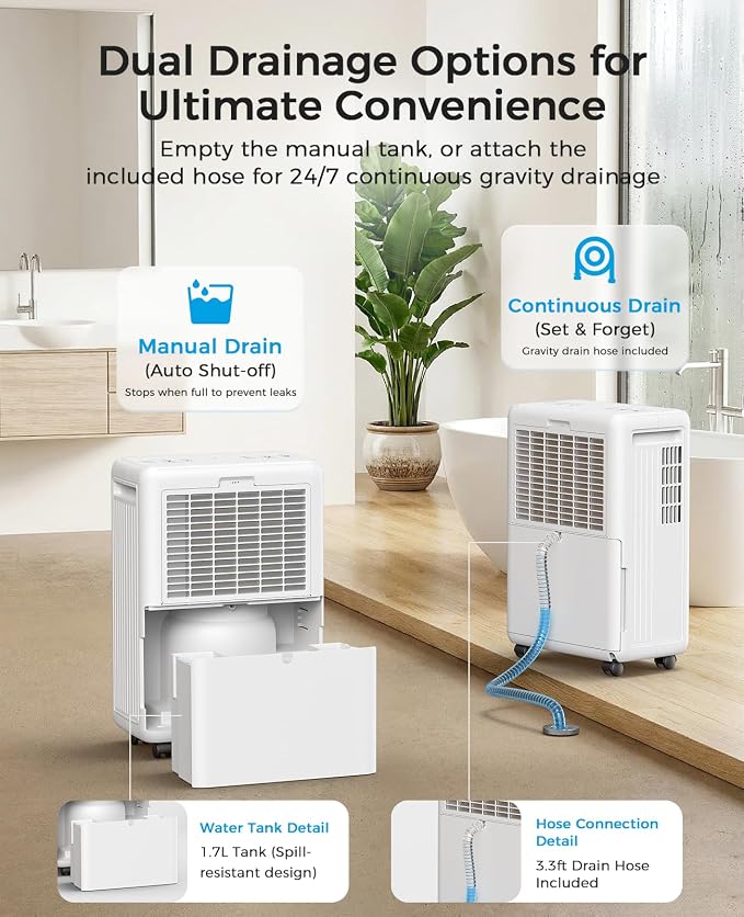 30 Pint Dehumidifier for Basement with Drain Hose Up to 2000 Sq.ft | Quiet Dehumidifiers for Home Large Room Bedroom Bathroom RV, Smart Humidity Control, 3 Modes, 24H Timer, Auto Defrost