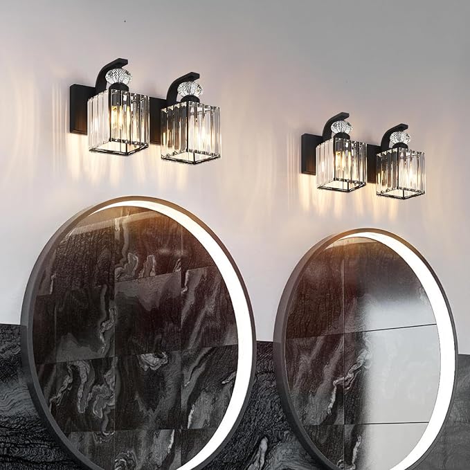 Modern Bathroom Vanity Light, 2-Light Black Bathroom Lighting Fixtures Over Mirror, 12.6" Crystal Wall Light Sconce for Bathroom/Bedroom/Vanity, Includes LED Bulbs, Easy Installation