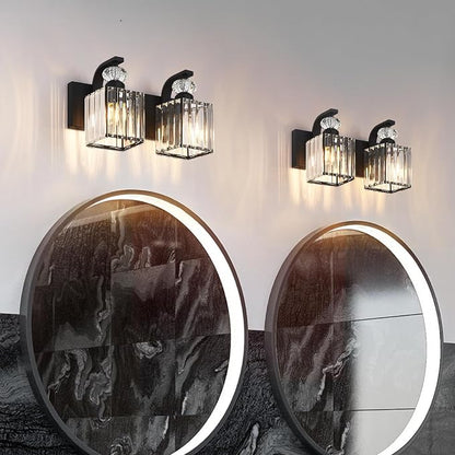 Modern Bathroom Vanity Light, 2-Light Black Bathroom Lighting Fixtures Over Mirror, 12.6" Crystal Wall Light Sconce for Bathroom/Bedroom/Vanity, Includes LED Bulbs, Easy Installation