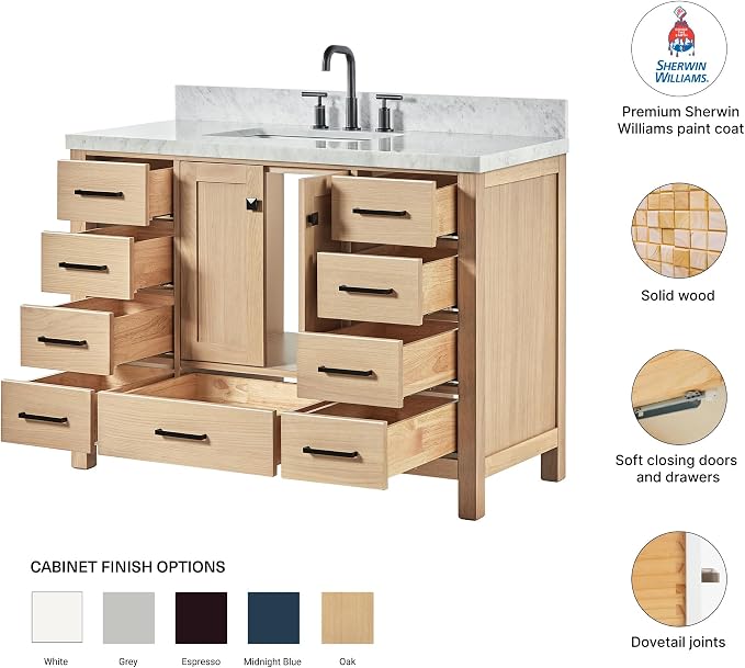 Beckford 48-Inch Oak Bathroom Vanity with Sink, 1.5-Inch Carrara White Marble Countertop & 4" Backsplash, 2 Soft Closing Doors, 9 Dovetail Drawers, Matte Black Hardware