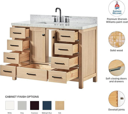 Beckford 48-Inch Oak Bathroom Vanity with Sink, 1.5-Inch Carrara White Marble Countertop & 4" Backsplash, 2 Soft Closing Doors, 9 Dovetail Drawers, Matte Black Hardware